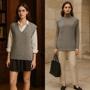 Gray Cable Knit Sweater Vest Women M Y2K Light Academia Preppy Layered Luxe